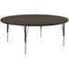 A Correll round activity table with black metal legs and a brown top.