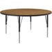 A Correll round activity table with metal legs and a medium oak top.