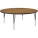 A Correll round activity table with medium oak thermal-fused laminate top and metal legs.
