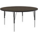 A Correll round activity table with black metal legs and a walnut brown top.