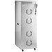 A large rectangular stainless steel cabinet with glass doors and black wires.