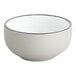 A grey stoneware bowl with a brown rim.