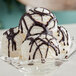 A bowl of Oringer Van Hollan fudge dessert on three scoops of ice cream with chocolate drizzle.