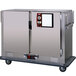 A large metal cabinet on wheels with a stainless steel interior.