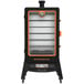 A black and orange Pit Boss Sportsman 7 Series vertical pellet smoker with a door.