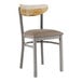 A Lancaster Table & Seating Boomerang chair with a wooden back and taupe vinyl cushion.