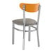 A Lancaster Table & Seating metal chair with dark gray vinyl seat and cherry wood back.