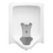 A white urinal with a mesh design and a metal object in it.