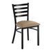 A metal ladder back chair with a distressed copper finish and a taupe vinyl padded seat.