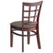 A Lancaster Table & Seating mahogany wood restaurant chair with taupe cushioned seat and window back.