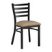 A Lancaster Table & Seating black metal ladder back chair with a taupe cushion on the seat.