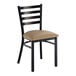 A metal ladder back chair with a distressed copper finish and a taupe vinyl padded seat.