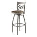 A Lancaster Table & Seating clear coat finish cross back swivel bar stool with a taupe vinyl padded seat.