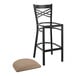 A Lancaster Table & Seating black cross back bar stool with a taupe cushion.