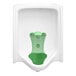 A green plastic urinal screen with spikes and a hole in the middle.