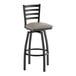A black metal ladder back swivel bar stool with a dark gray vinyl padded seat and a circular footrest.