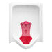 A white urinal with a red mesh Splash Hog urinal screen inside.