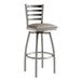 A Lancaster Table & Seating stainless steel swivel bar stool with a dark gray vinyl padded seat.