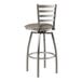 A Lancaster Table & Seating swivel bar stool with dark gray vinyl padding on the seat.