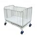 A white L.A. Baby folding crib with blue wheels.