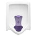 A lavender WizKid Splash Hog urinal screen with a cross pattern in purple plastic.