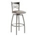 A Lancaster Table & Seating clear coat finish cross back swivel bar stool with a dark gray cushioned seat.