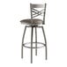 A Lancaster Table & Seating clear coat finish cross back swivel bar stool with a dark gray vinyl cushion on the seat and back.