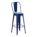 A blue metal bar stool with a backrest.