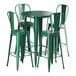 A Lancaster Table & Seating green metal table with four green barstools.