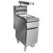 A stainless steel Grindmaster countertop dump pan in a counter.