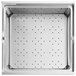 A stainless steel metal box with a square bowl and a lid.