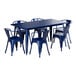 A blue Lancaster Table & Seating outdoor table with 6 arm chairs.