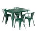 A green metal Lancaster Table & Seating outdoor table with four chairs.