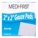 A blue Medi-First box of 10 sterile white 2x2 gauze pads.