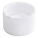 A white plastic continuous thread lid with a foam liner and ribbed sides.