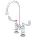 A T&S chrome deck-mount faucet with gooseneck spout and wrist action handles.