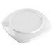 A close-up of a 4 1/2" bright white square porcelain saucer with a square cut out.