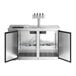 An Avantco stainless steel kegerator with two doors open.