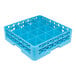 A blue plastic glass rack with 16 compartments and an extender, designed for washing and transporting glassware.