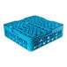 A blue plastic glass rack with 16 compartments and one extender, designed for washing and transporting glassware.
