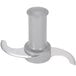 A grey food processor blade with a serrated edge and a handle.