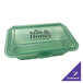 A jade green GET Eco-Takeouts reusable plastic container with a lid and a logo.