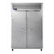 A large silver Traulsen G Series reach-in freezer with two doors.