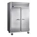 A large silver Traulsen G Series reach-in freezer with two doors.