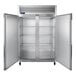 A large silver Traulsen reach-in freezer with two doors.