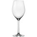 An Anchor Hocking Sondria wine glass with a long stem and clear glass.