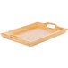 A natural hardwood rectangular tray with handles.