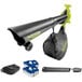 A black and yellow Sun Joe blower and vacuum mulcher with a black bag and accessories.