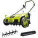 A green Sun Joe electric lawn dethatcher with a black collection bag.