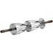 A stainless steel croissant cutter with wood handles.